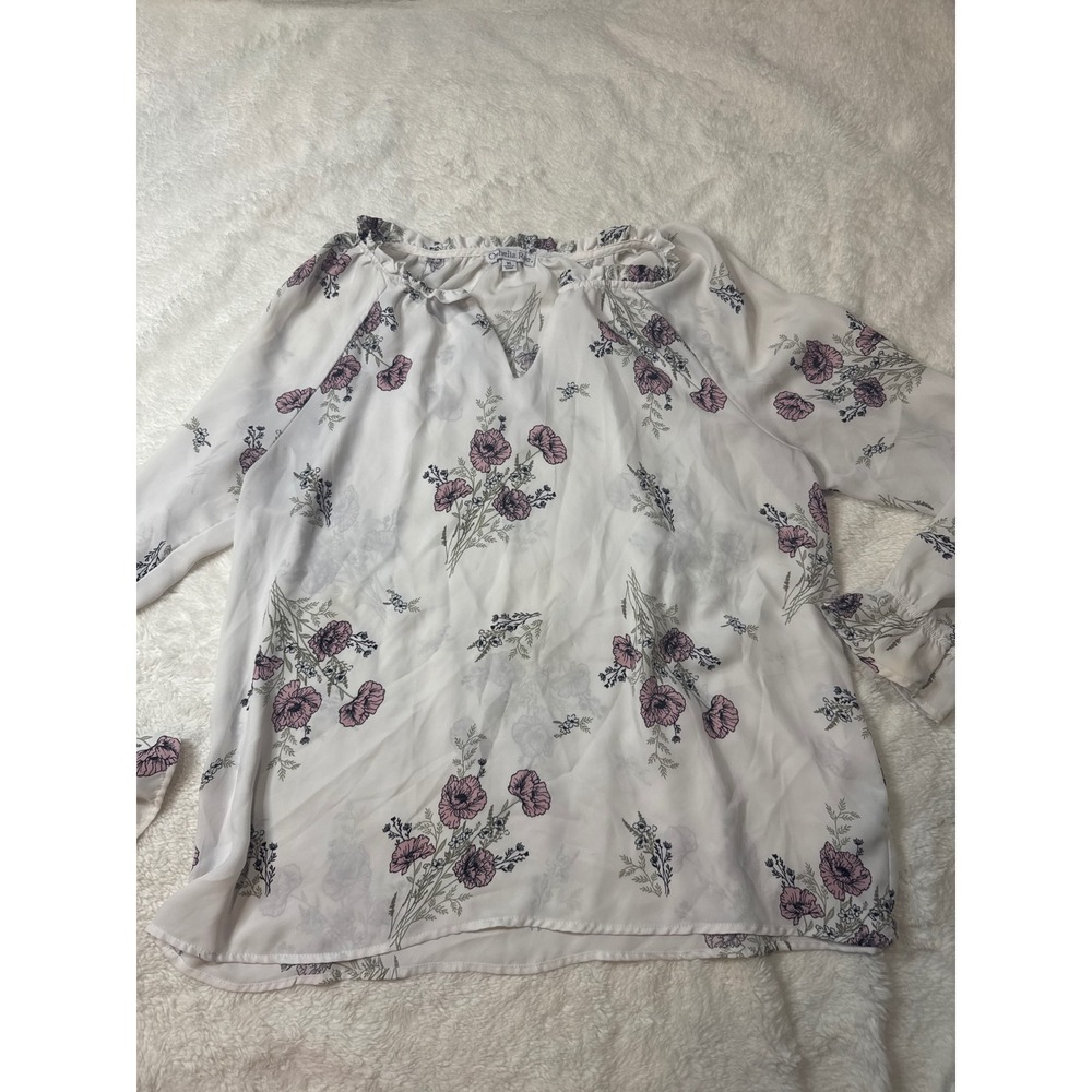 Ophelia Roe Floral Blouse Women M White Good Ruffle Neck Long Sleeve Top